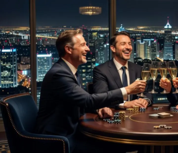 VIP vendégek champagne mellett pókerasztalnál, elegáns kaszinó hangulatban